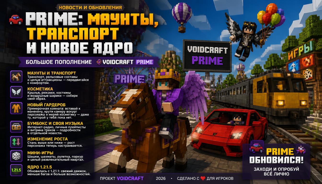 🚗 Prime: маунты, транспорт и новое ядро